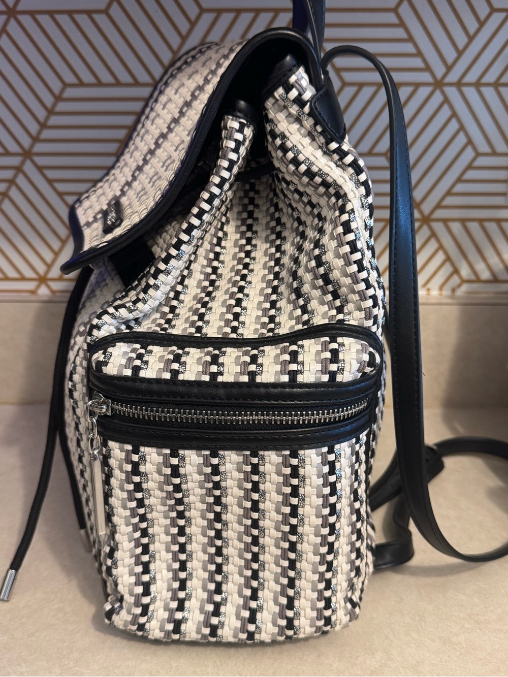 NWOT Ted Baker Allizza Black & Cream w/metallic silver woven Stripe Backpack - Picture 4 of 8